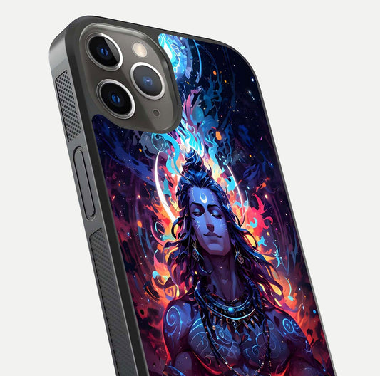 Divine Fire Shiv Glass Case for iPhone 13 Pro close-up highlighting divine detailing and reflection depth