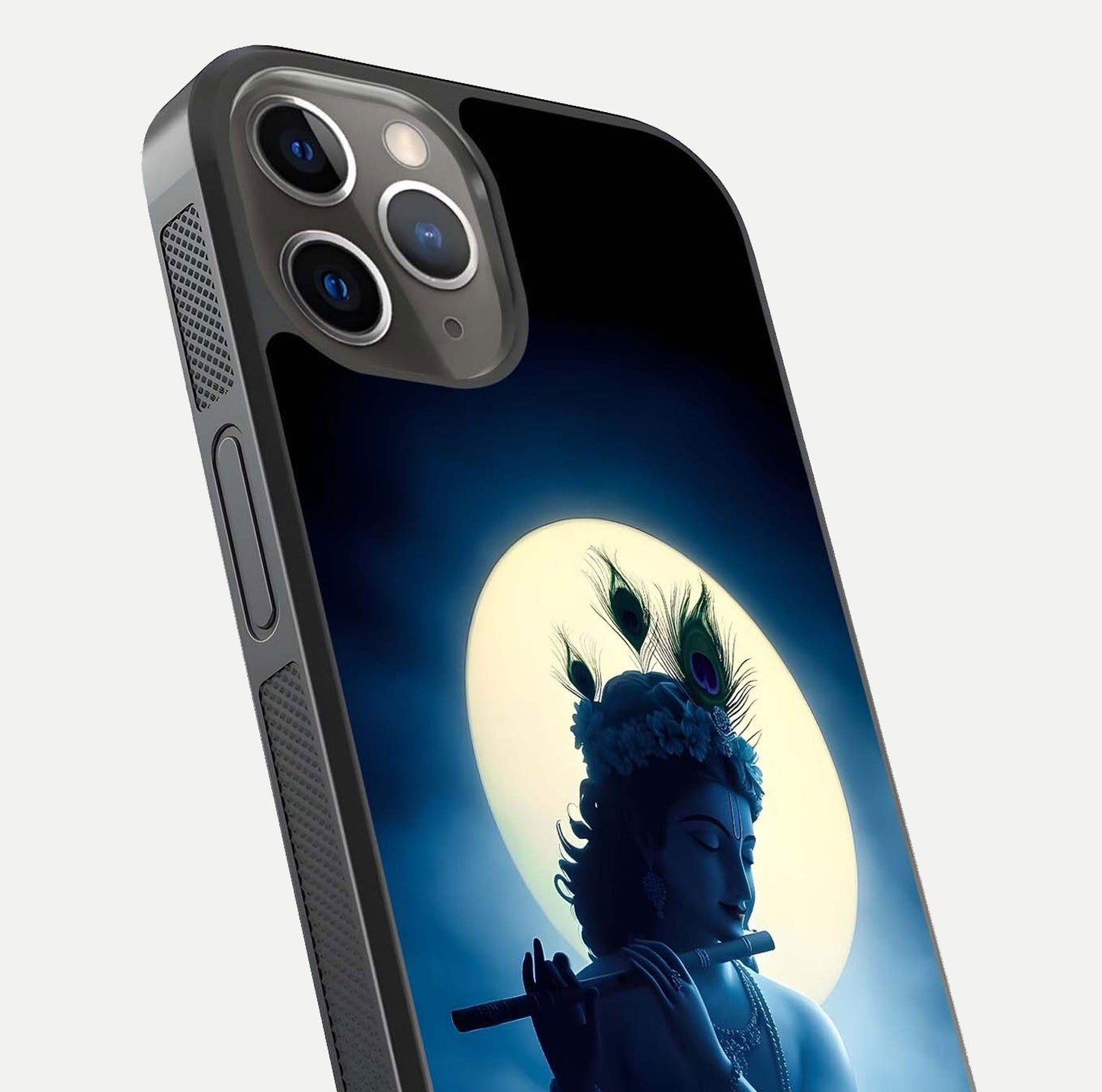 Divine Moon Flute Glass Case for iPhone 13 Pro close-up highlighting flute detail and reflection shine