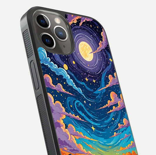 Dreamy Night Landscape Glass Case for iPhone 13 Pro close-up highlighting stars and reflection tone