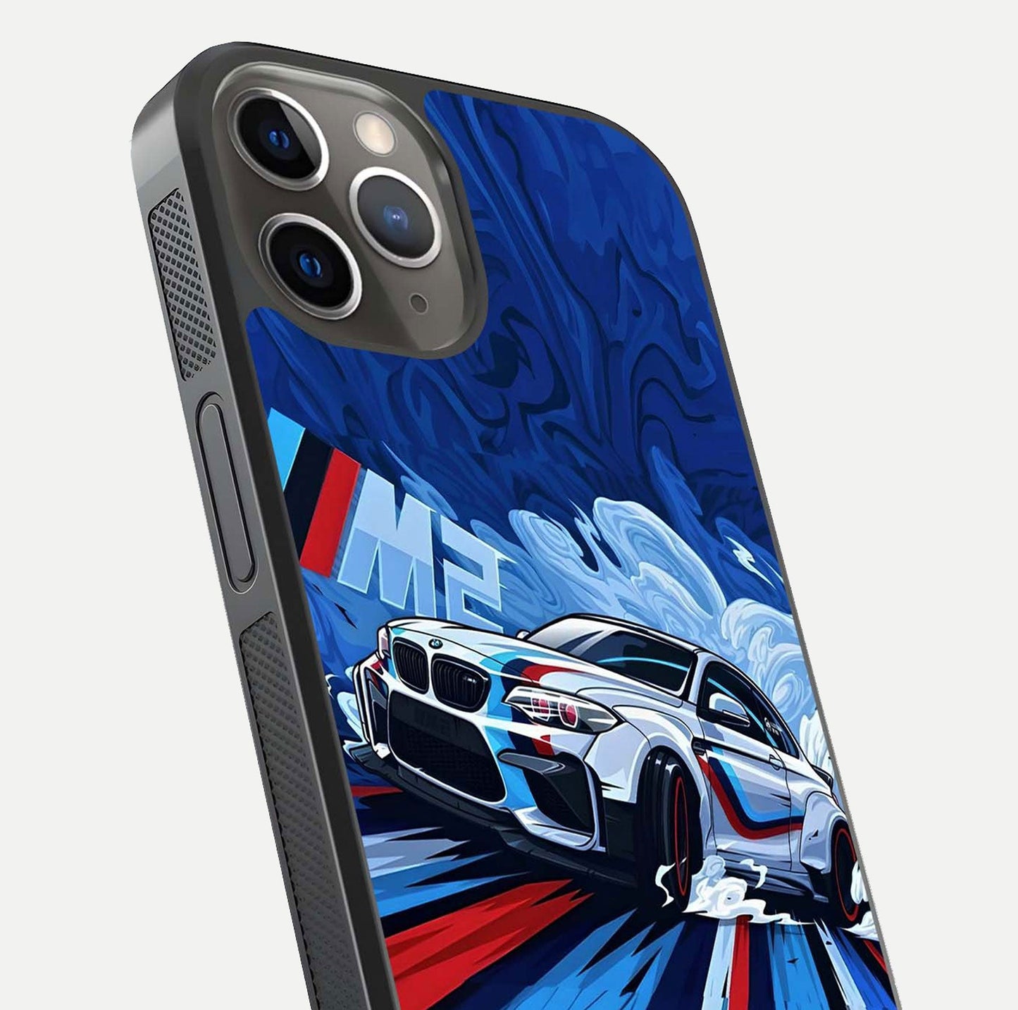 Drift Power Rush Glass Case for iPhone 13 Pro close-up highlighting car reflection and metallic tones