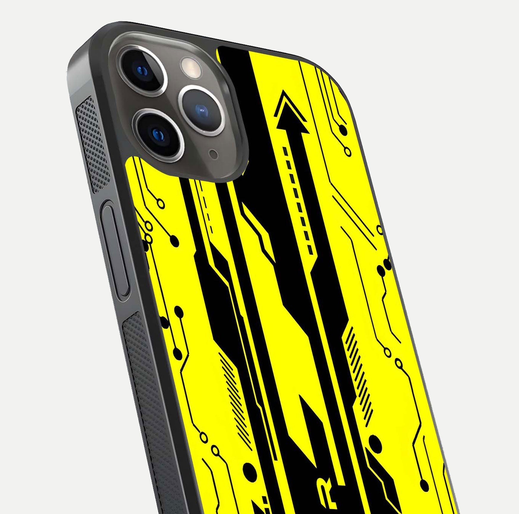 Electric Pulse CYBERPUNK Custom Name Glass Case for iPhone 13 Pro close-up highlighting tech pattern, lighting effect, and reflection shine