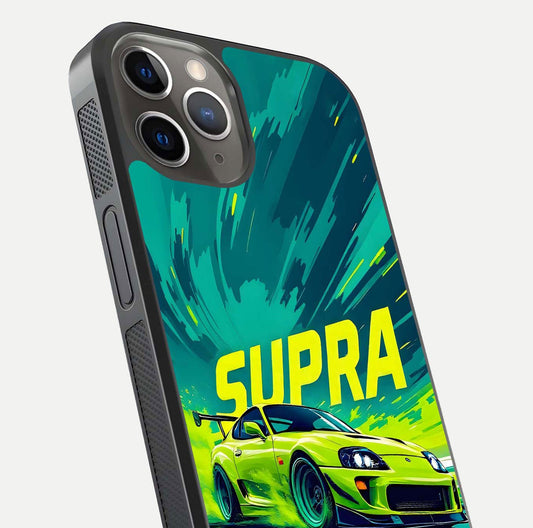 Electric Supra Thunder Glass Case for iPhone 13 Pro close-up highlighting car reflection, neon tones, and gloss polish