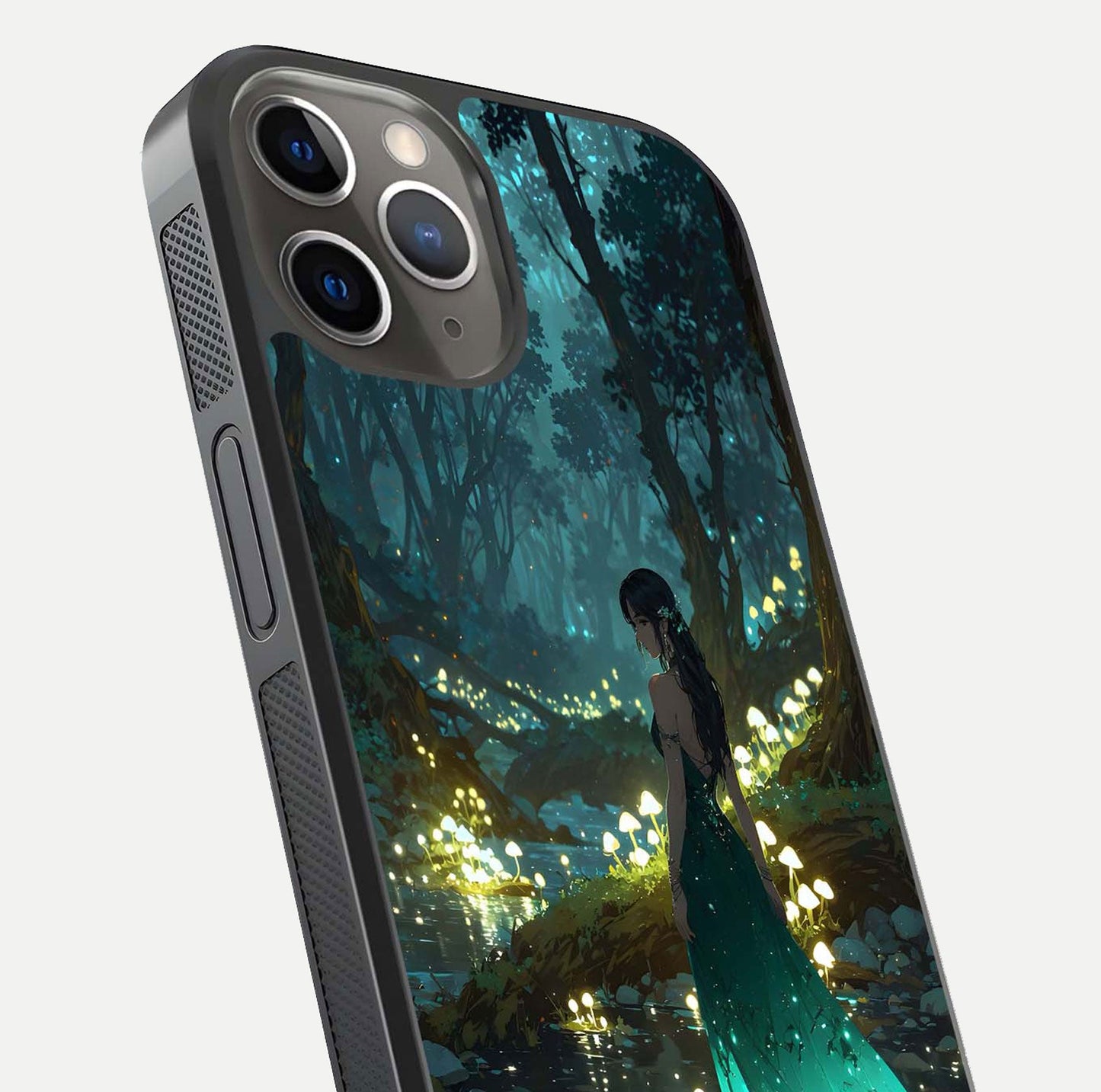Enchanted Forest Glow Glass Case for iPhone 13 Pro close-up highlighting trees, lights, and reflection texture