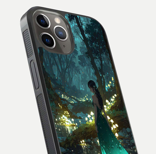 Enchanted Forest Glow Glass Case for iPhone 13 Pro close-up highlighting trees, lights, and reflection texture
