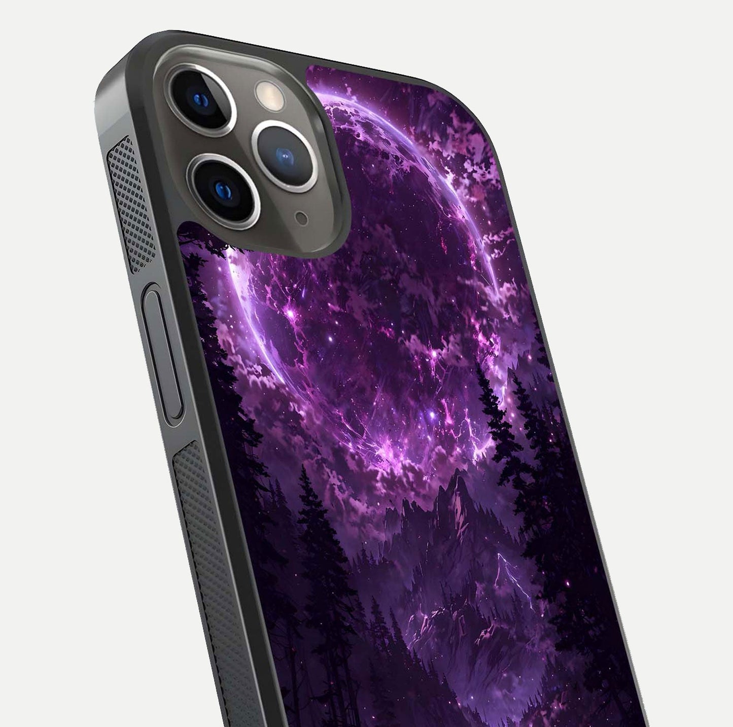 Eternal Cosmic Drive Glass Case for iPhone 13 Pro close-up highlighting cosmic lights and reflection depth
