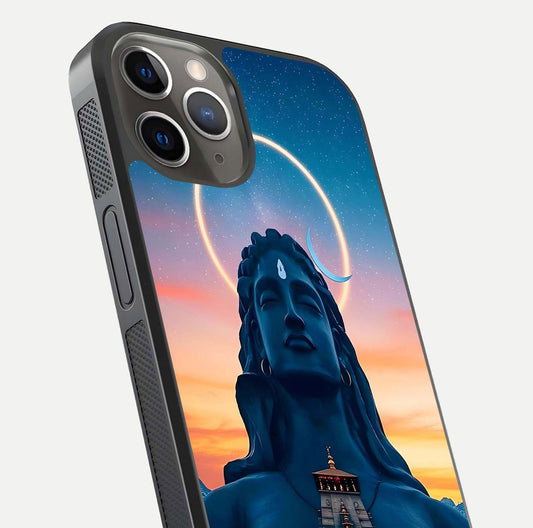 Eternal Shiva Aura Glass Case for iPhone 13 Pro close-up highlighting divine detailing and reflection light