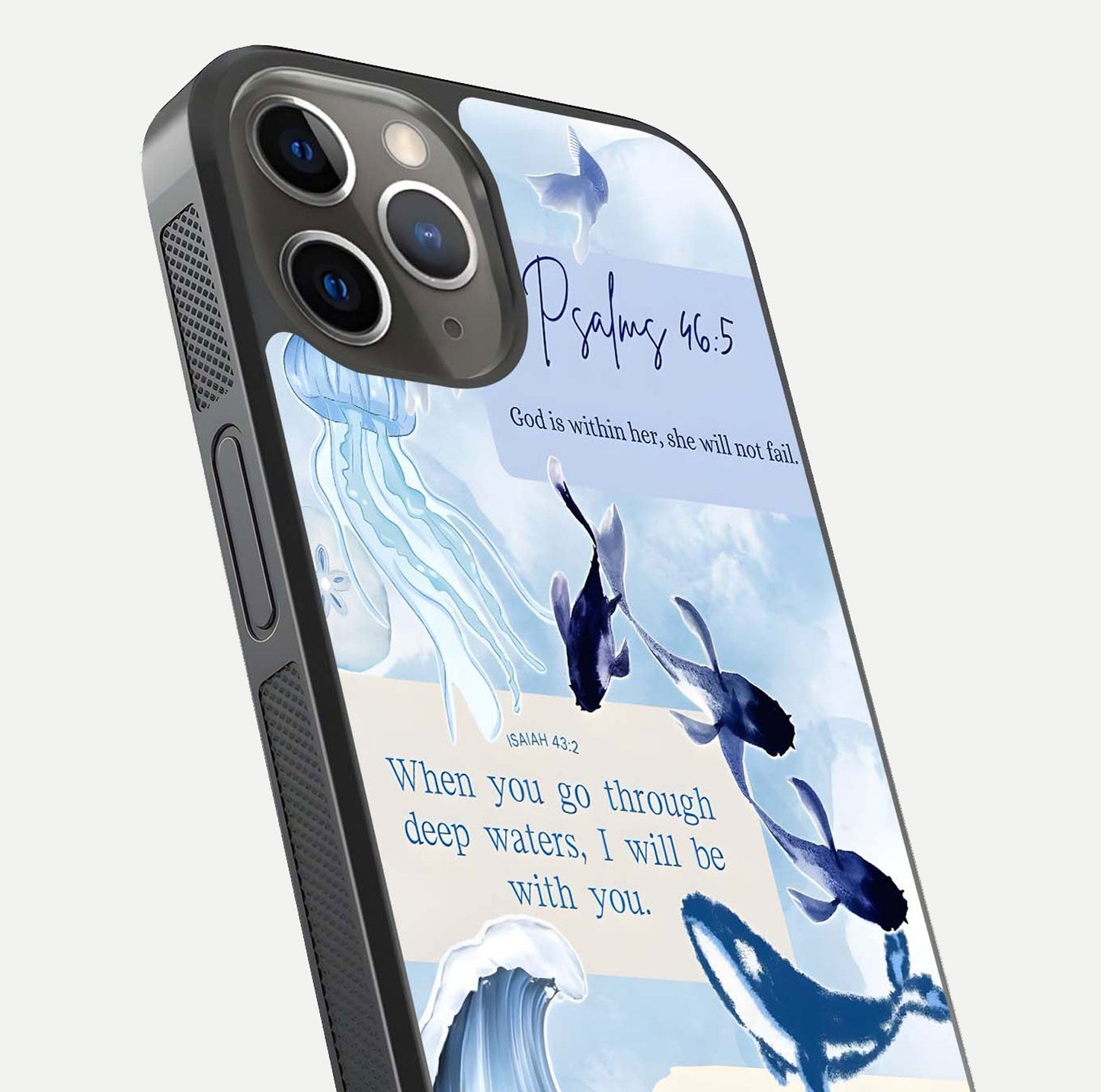 Faithful Ocean Promise Glass Case for iPhone 13 Pro close-up highlighting water reflection and serene blue tones