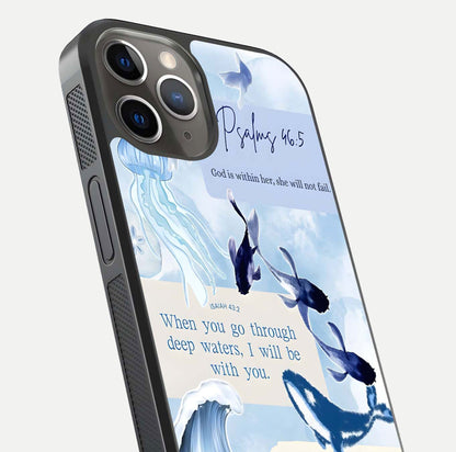 Faithful Ocean Promise Glass Case for iPhone 13 Pro close-up highlighting water reflection and serene blue tones