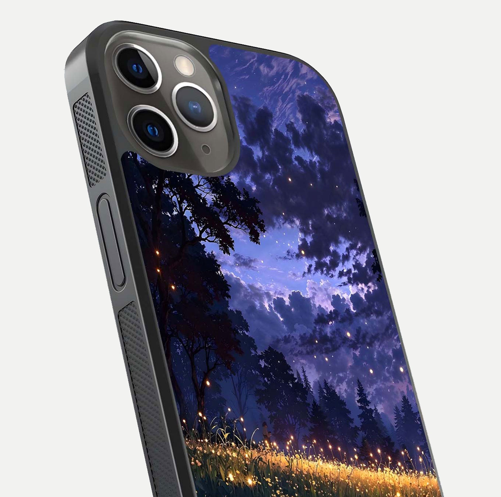 Firefly Meadow Magic Glass Case for iPhone 13 Pro close-up highlighting luminous firefly light and reflection detail