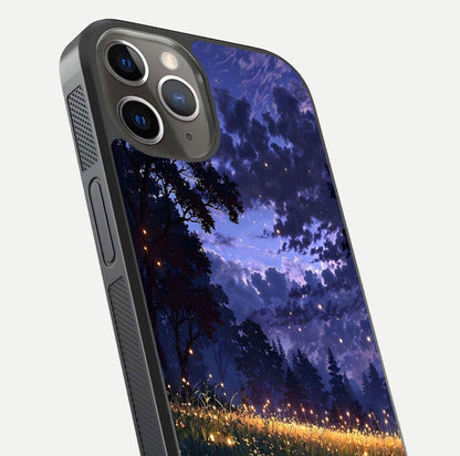 Firefly Meadow Magic Glass Case for iPhone 13 Pro close-up highlighting luminous firefly light and reflection detail