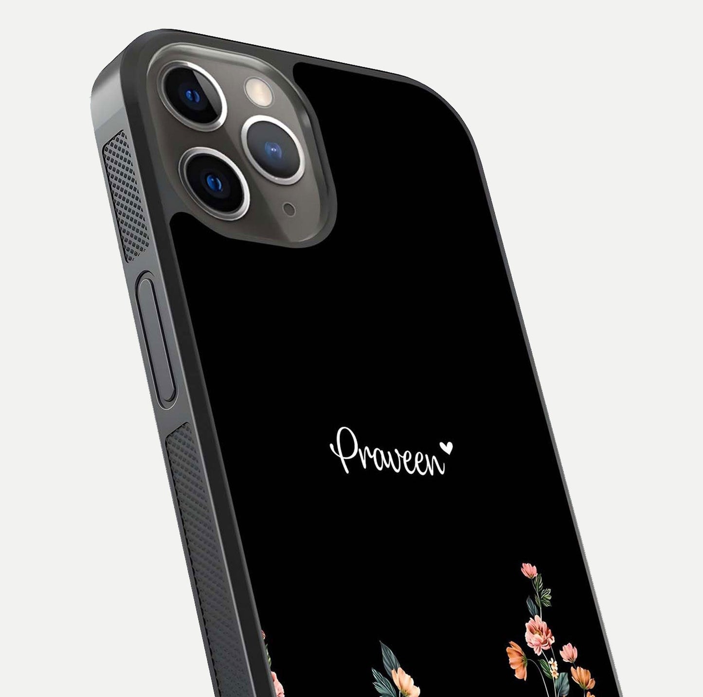 Floral Design Personalized Custom Name Glass Case for iPhone 13 Pro close-up highlighting name clarity, petals, and gloss