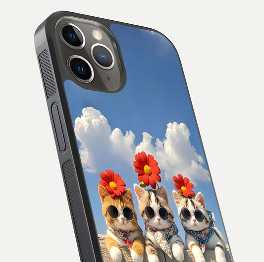 Floral Kitty Squad Glass Case for iPhone 13 Pro close-up highlighting cat detail and flower patterns with HD shine