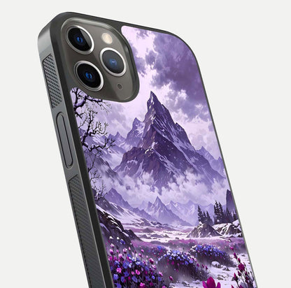 Flower Mountain View Glass Case for iPhone 13 Pro close-up highlighting petal details and sky reflection