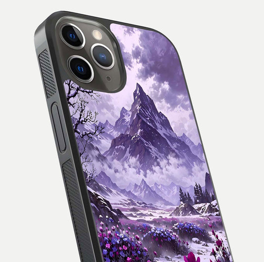 Flower Mountain View Glass Case for iPhone 13 Pro close-up highlighting petal details and sky reflection
