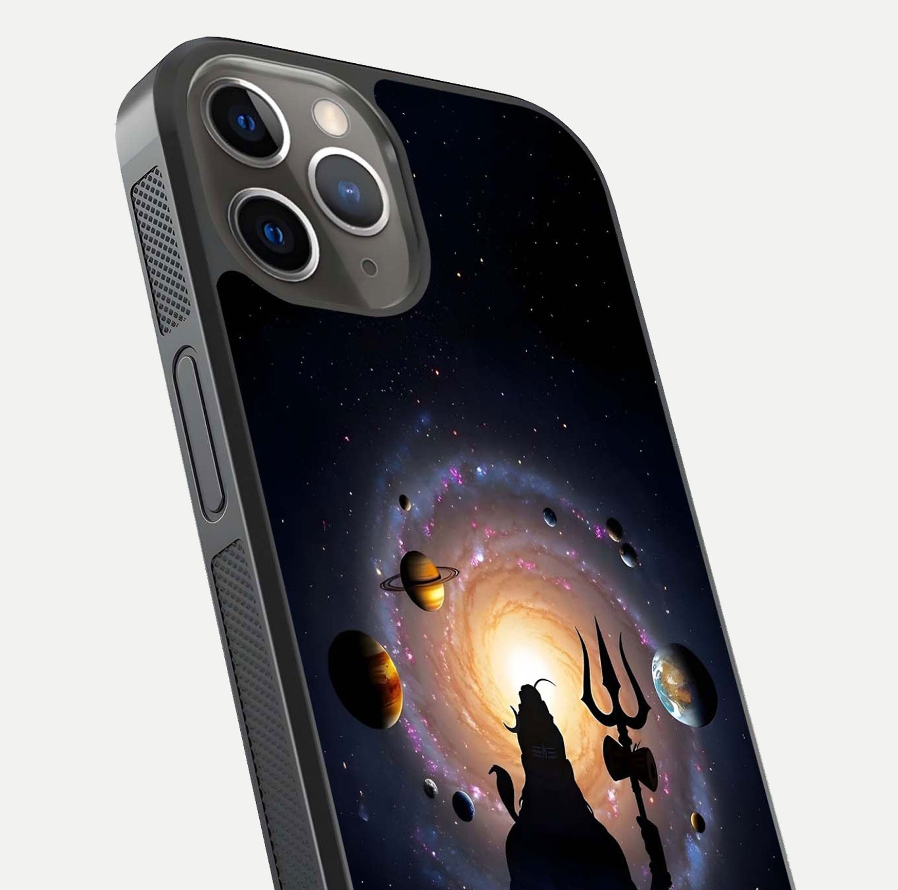 Galactic Shiva Vision Glass Case for iPhone 13 Pro close-up angled shot highlighting divine aura, trident details, and reflection shine