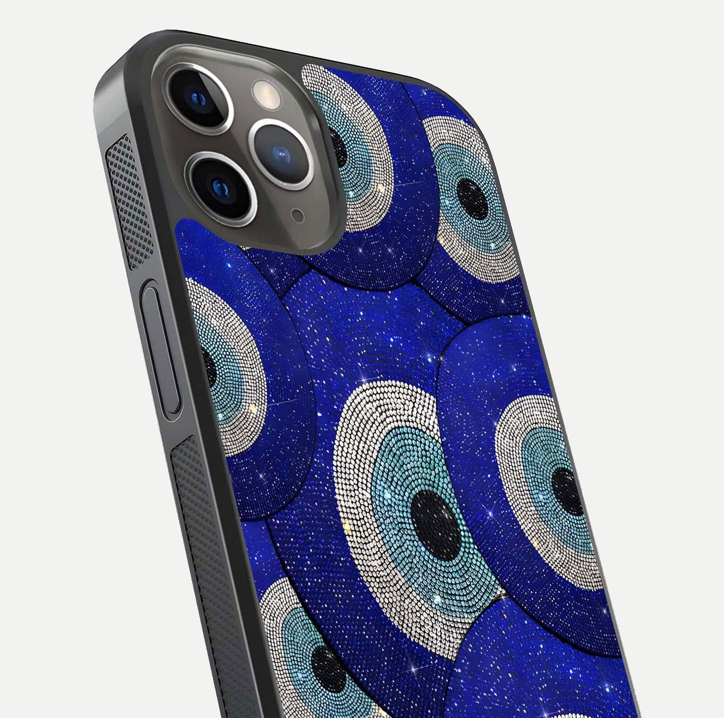 Galaxy Eye Flow Glass Case for iPhone 13 Pro close-up angled shot showing vivid swirl detail and reflection brightness