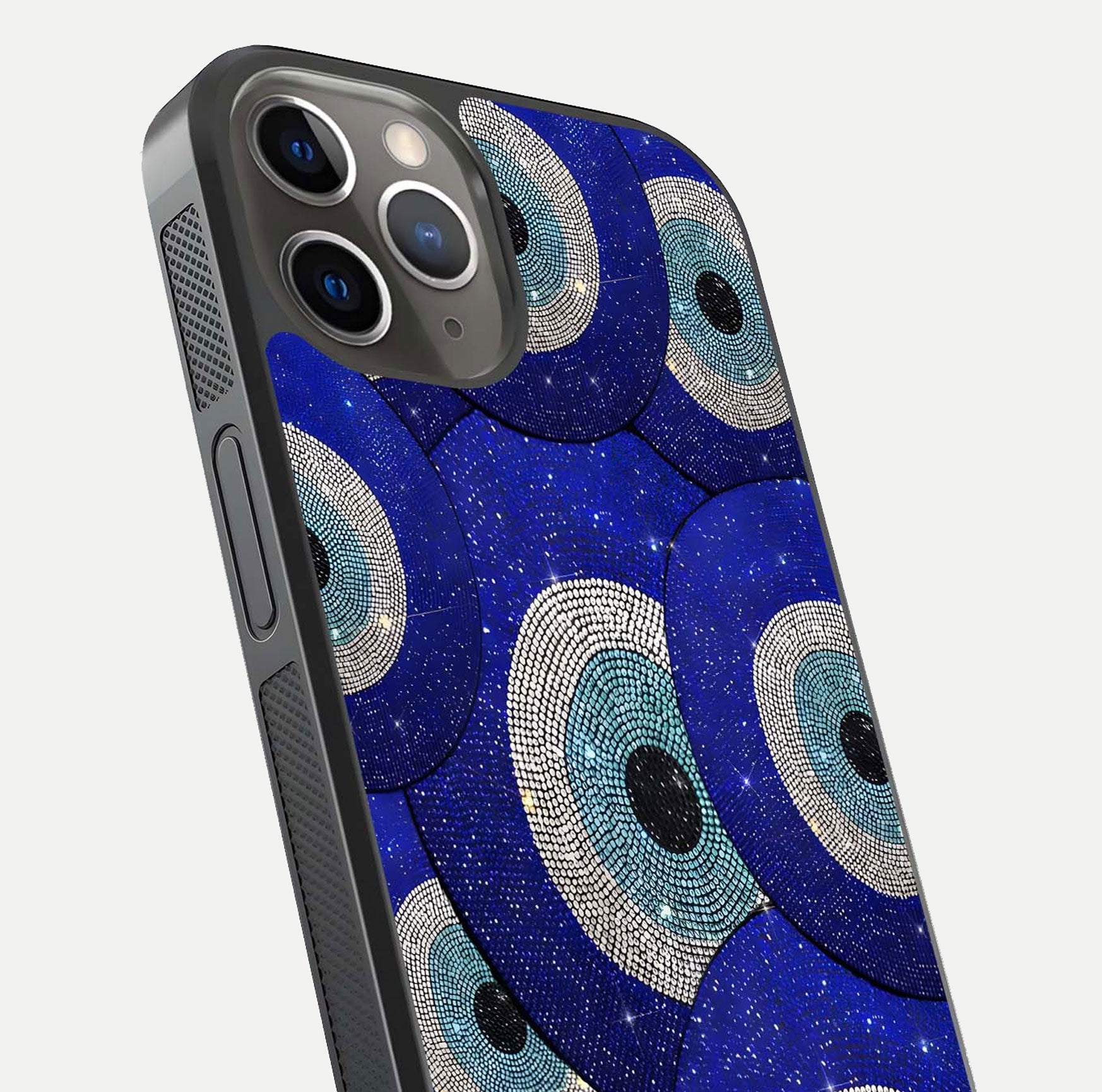 Galaxy Eye Flow Glass Case for iPhone 13 Pro close-up angled shot showing vivid swirl detail and reflection brightness