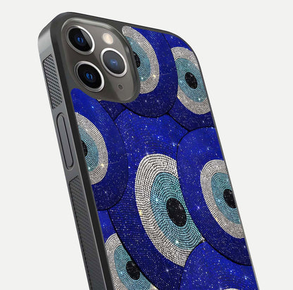 Galaxy Eye Flow Glass Case for iPhone 13 Pro close-up angled shot showing vivid swirl detail and reflection brightness