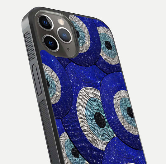 Galaxy Eye Flow Glass Case for iPhone 13 Pro close-up angled shot showing vivid swirl detail and reflection brightness