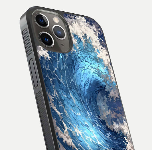 Giant Ocean Wave Glass Case for iPhone 13 Pro close-up angled shot showing wave texture and water reflection shine