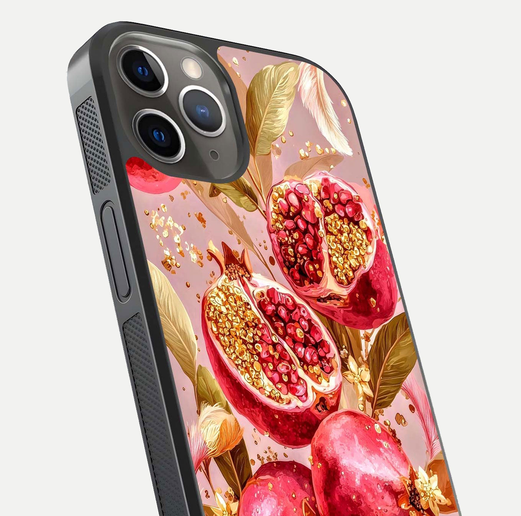 Golden Bloom Glow Glass Case for iPhone 13 Pro close-up angled shot showing metallic tones and reflection brilliance