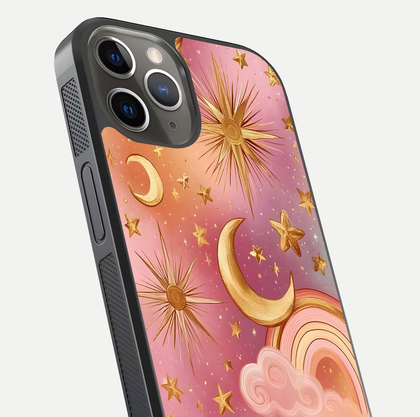 Golden Celestial Dreams Glass Case for iPhone 13 Pro close-up angled shot showing cosmic gold tones and reflection shine