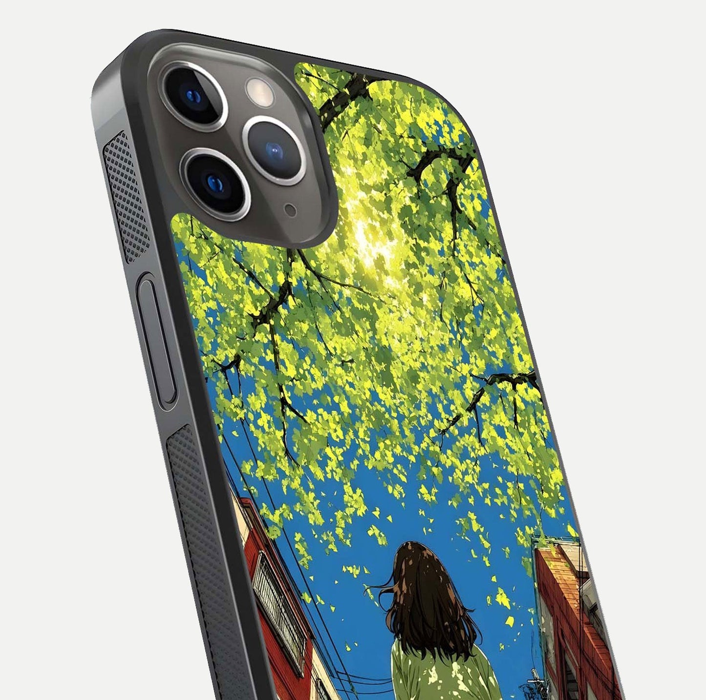 Golden Leaves Glow Glass Case for iPhone 13 Pro close-up angled shot showing fine leaf texture and reflection shine