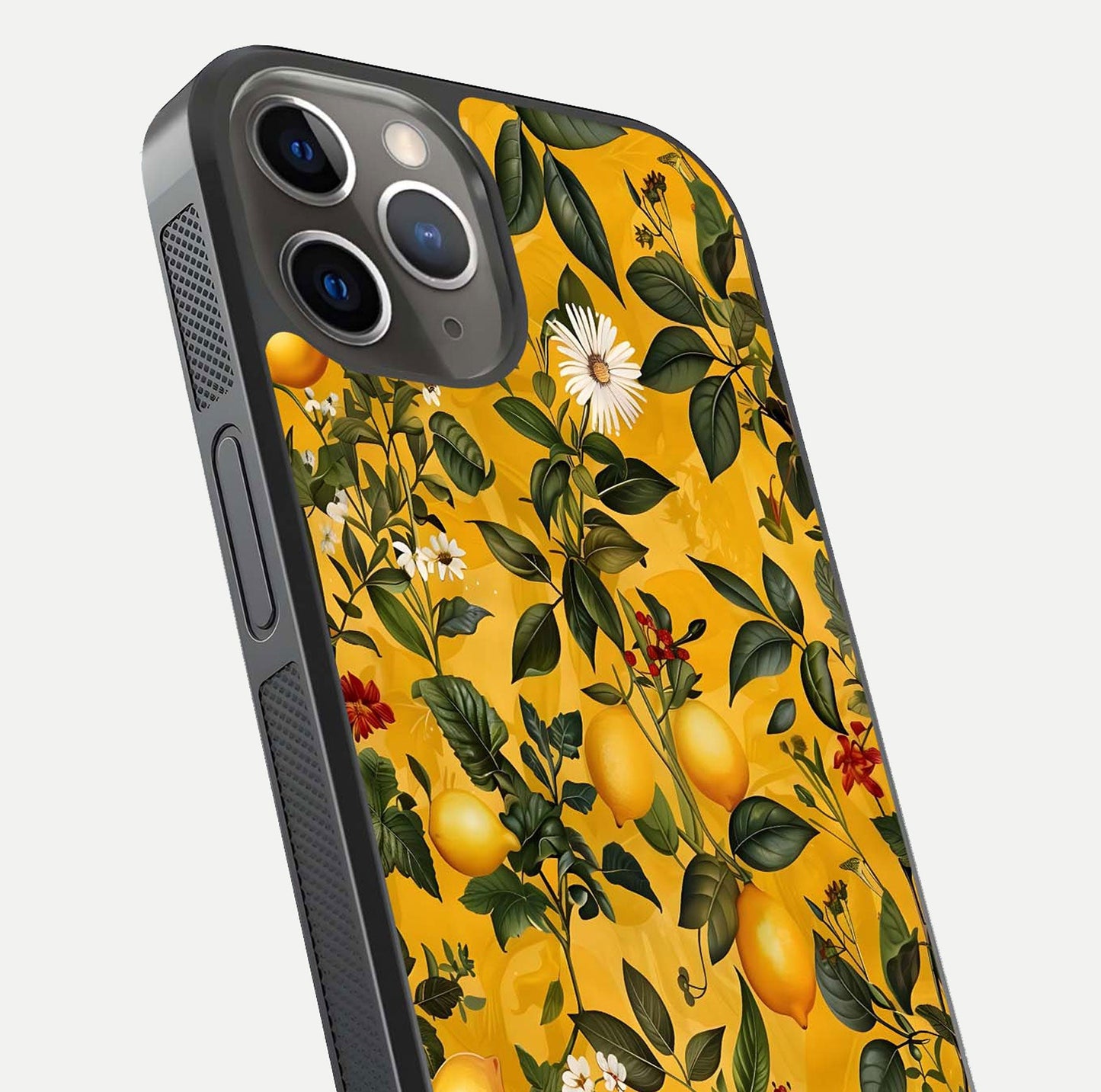 Golden Lemon Field Glass Case for iPhone 13 Pro close-up angled shot showing citrus texture and reflection brilliance