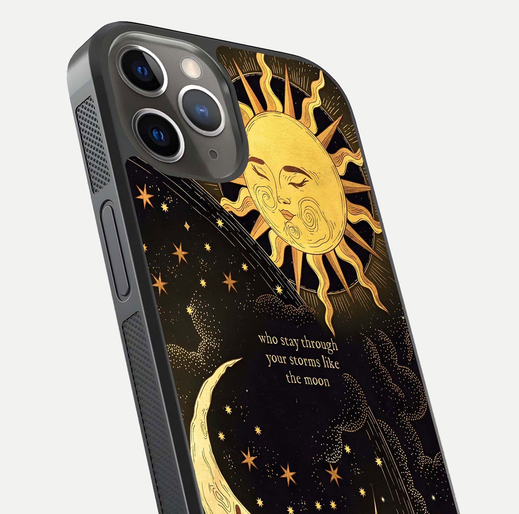 Golden Lunar Love Glass Case for iPhone 13 Pro close-up angled shot showing moon glow, texture, and reflection polish
