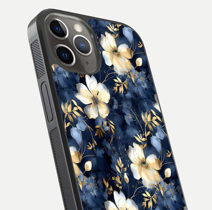 Golden Midnight Bloom Glass Case for iPhone 13 Pro close-up angled shot showing floral detail and reflection shine