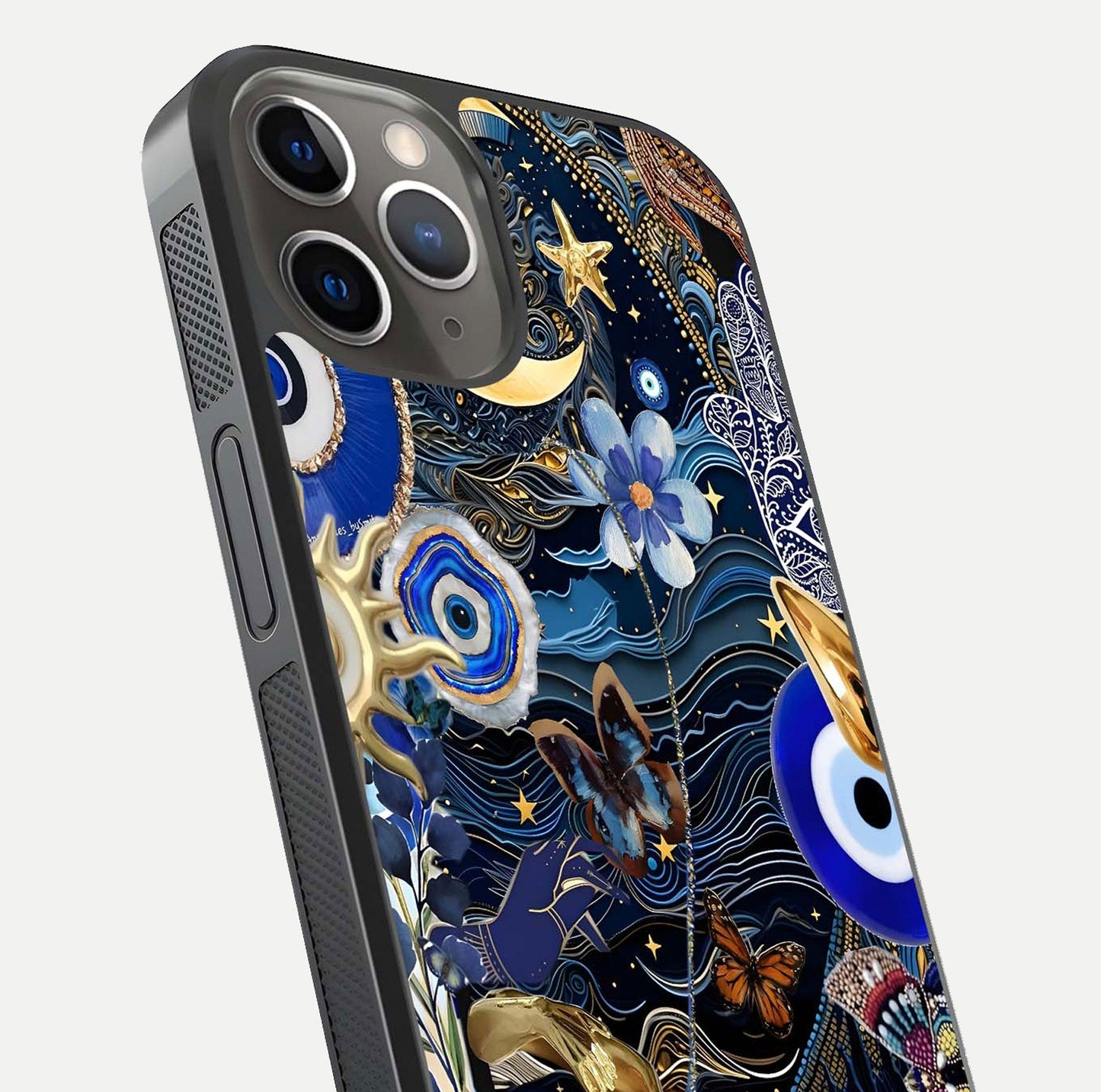 Golden Moon Magic Glass Case for iPhone 13 Pro close-up angled shot showing lunar glow, star detail, and reflection brightness