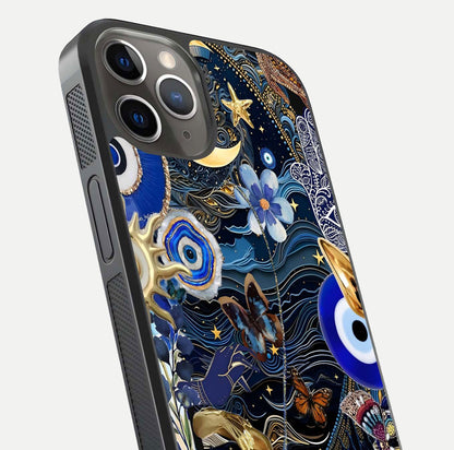 Golden Moon Magic Glass Case for iPhone 13 Pro close-up angled shot showing lunar glow, star detail, and reflection brightness