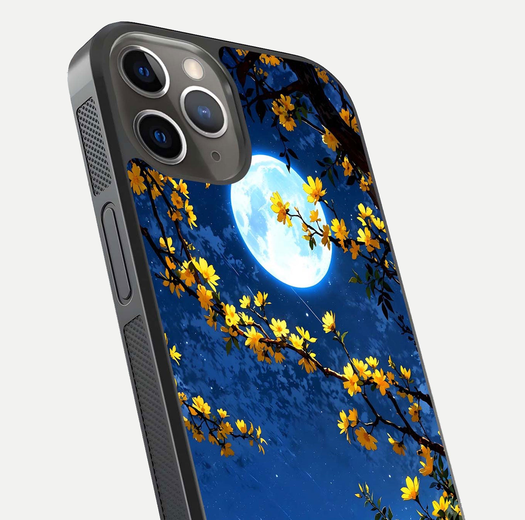 Golden Night Glow Glass Case for iPhone 13 Pro close-up angled shot showing shimmer texture and light reflection
