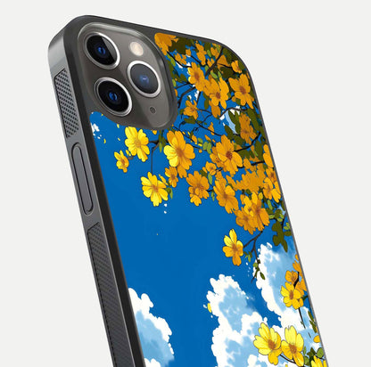 Golden Petal Sky Glass Case for iPhone 13 Pro close-up angled shot showing petal texture and shine reflection