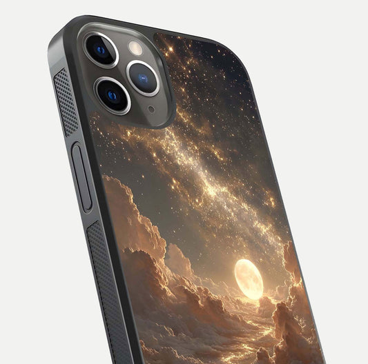 Golden Sky Dream Glass Case for iPhone 13 Pro close-up angled shot showing gradient tones and reflection polish