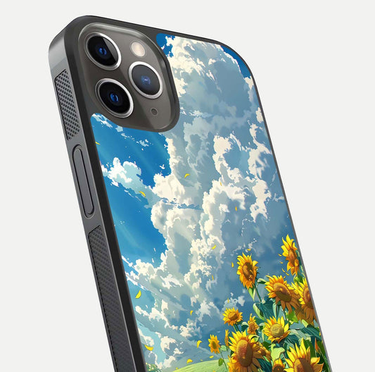Golden Sun Glory Glass Case for iPhone 13 Pro close-up angled shot showing sunlight reflection and gold detailing