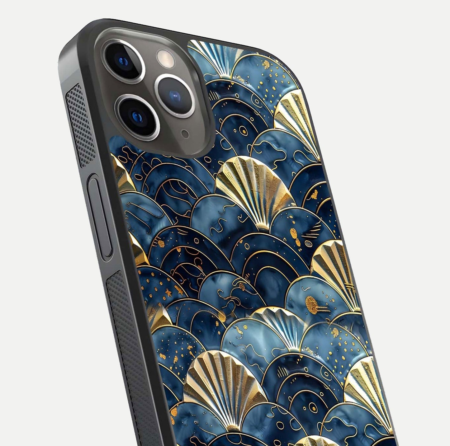 Golden Wave Luxe Glass Case for iPhone 13 Pro close-up angled shot showing flowing wave texture and reflection brightness