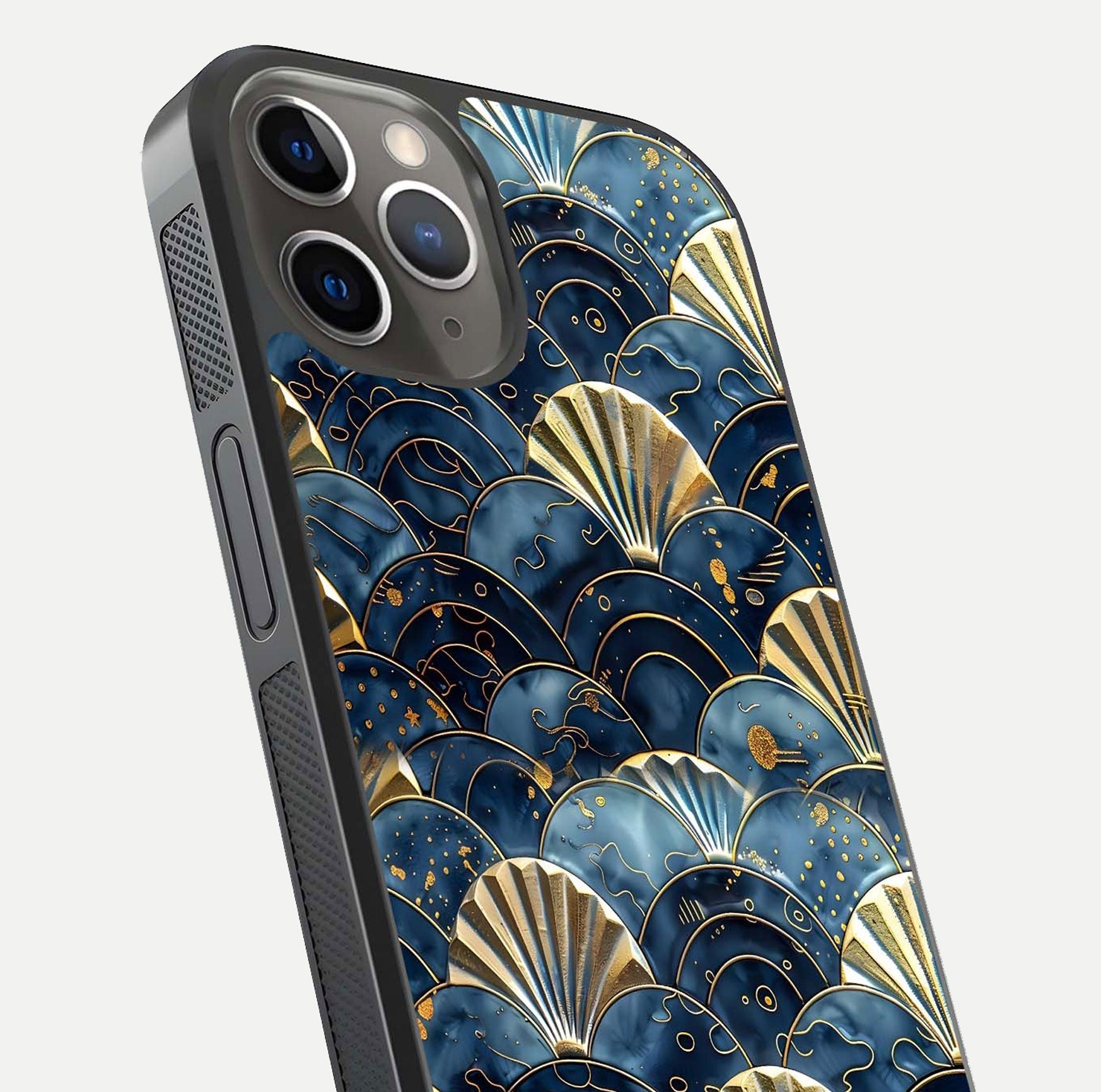 Golden Wave Luxe Glass Case for iPhone 13 Pro close-up angled shot showing flowing wave texture and reflection brightness