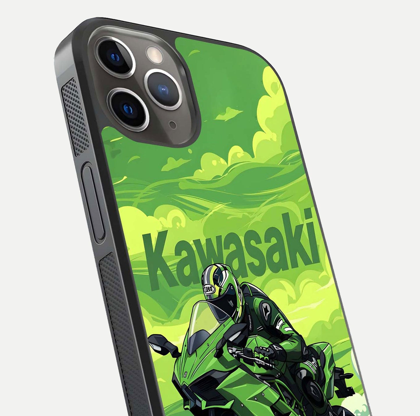 Green Kawasaki Glass Case for iPhone 13 Pro close-up angled shot showing sporty line details and reflection shine