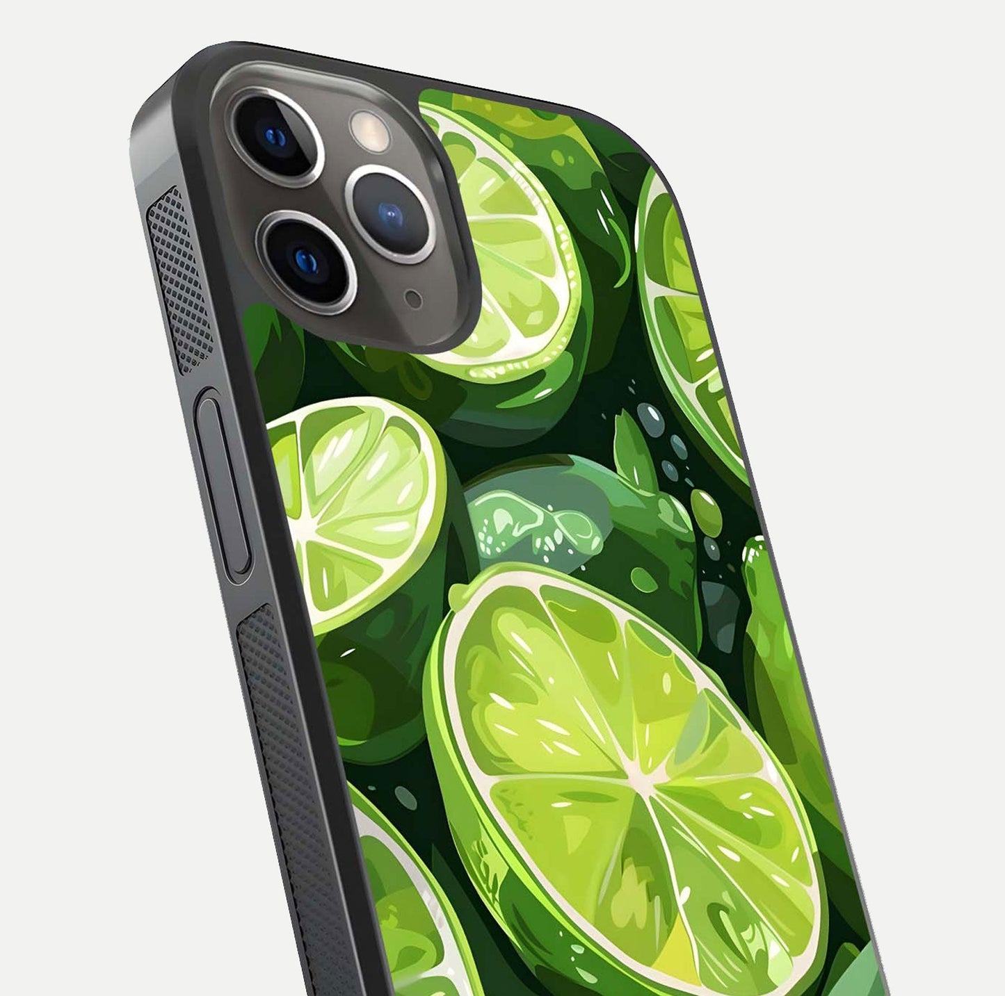 Green Lemon Glass Case for iPhone 13 Pro close-up angled shot showing lemon slice texture and reflection brightness