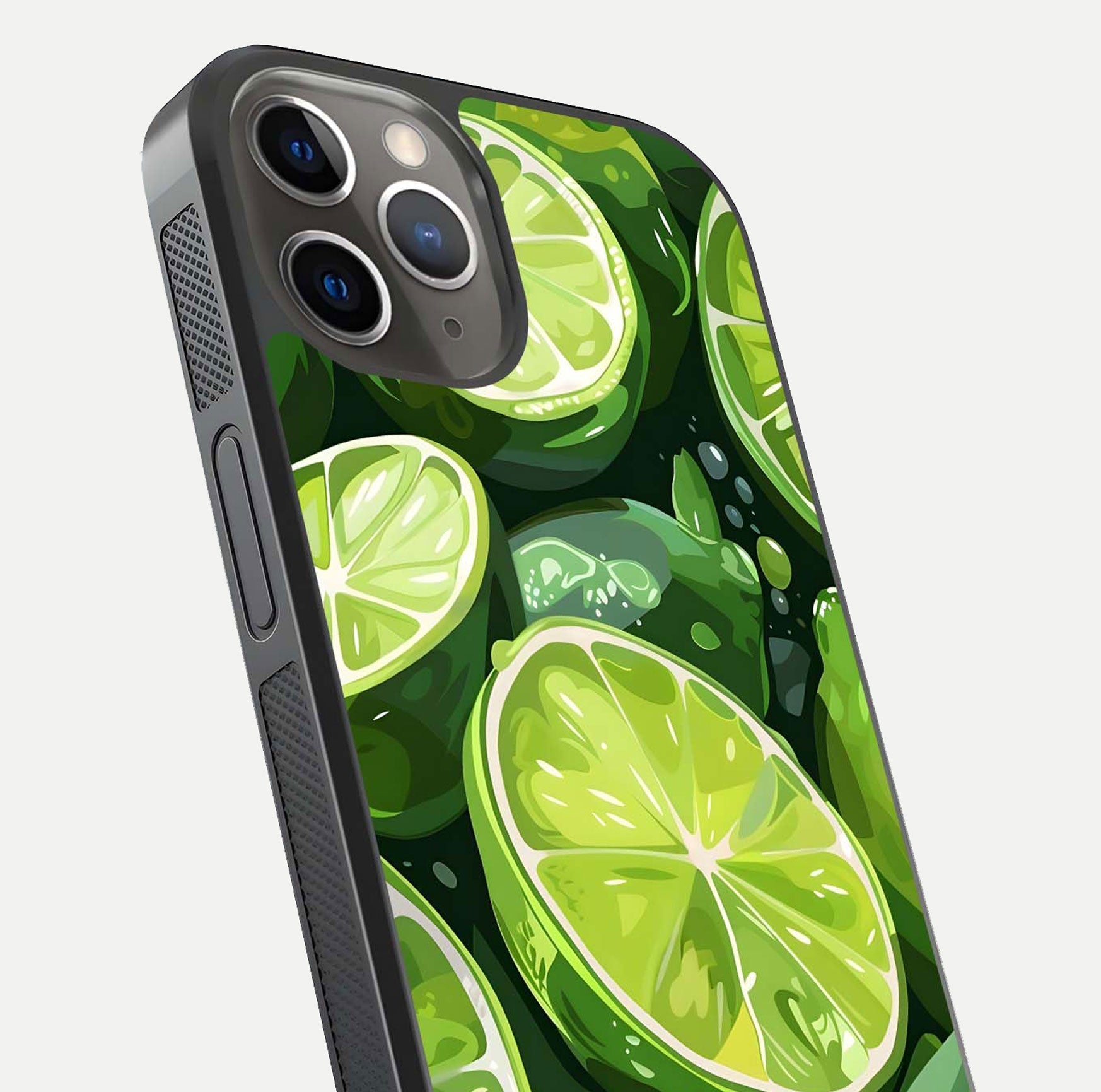 Green Lemon Glass Case for iPhone 13 Pro close-up angled shot showing lemon slice texture and reflection brightness
