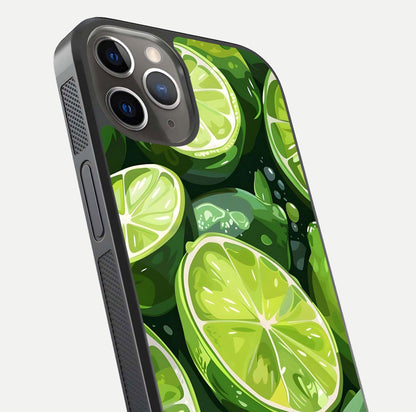Green Lemon Glass Case for iPhone 13 Pro close-up angled shot showing lemon slice texture and reflection brightness