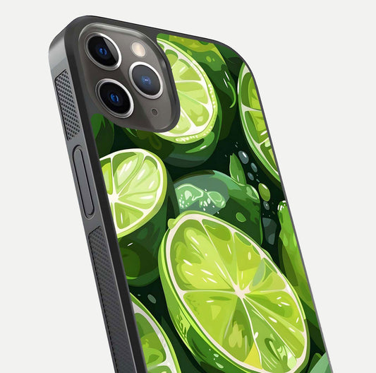 Green Lemon Glass Case for iPhone 13 Pro close-up angled shot showing lemon slice texture and reflection brightness