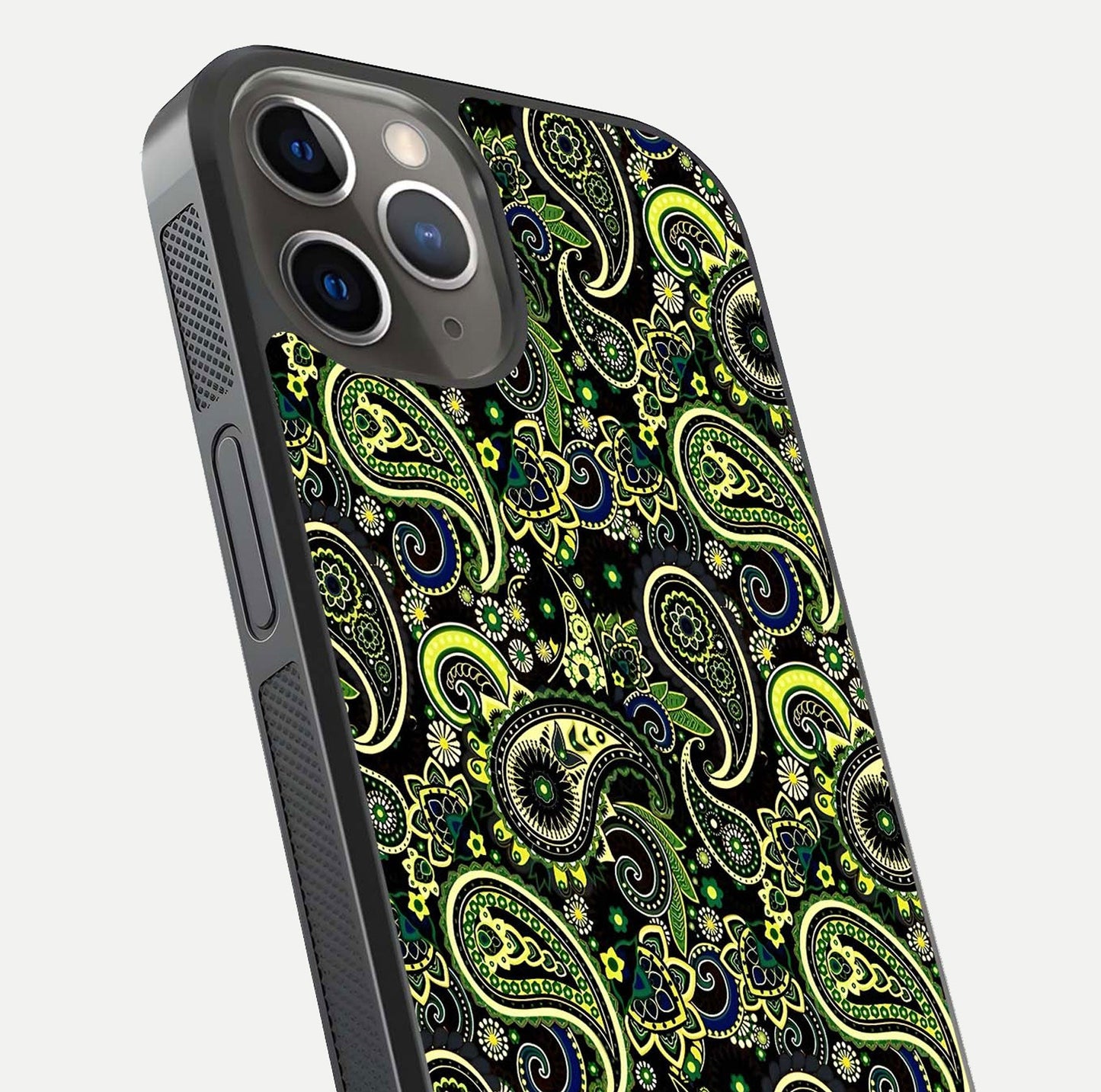 Green Mandala Pattern Glass Case for iPhone 13 Pro close-up angled shot showing fine detailing and gold-green reflection