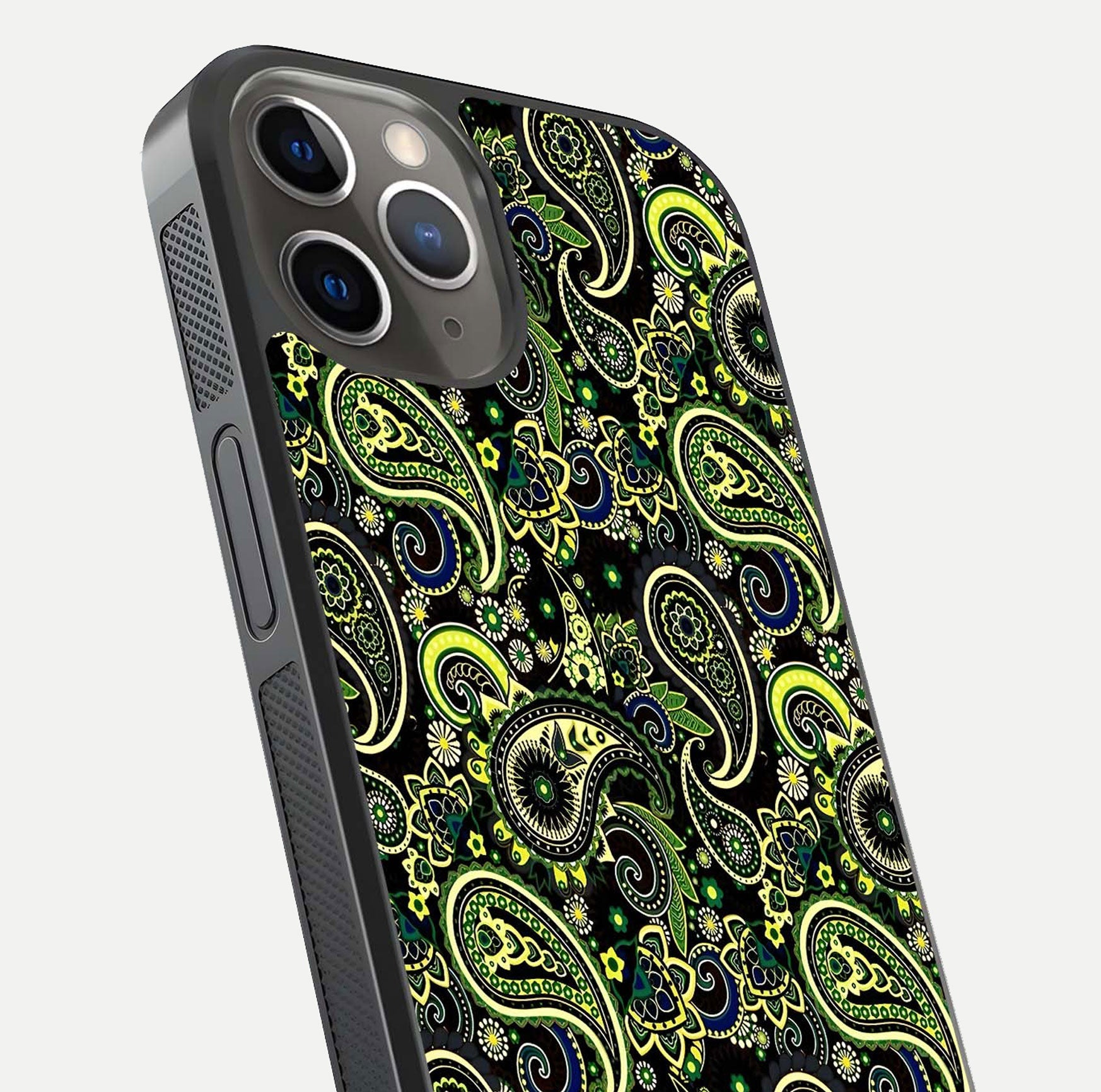 Green Mandala Pattern Glass Case for iPhone 13 Pro close-up angled shot showing fine detailing and gold-green reflection