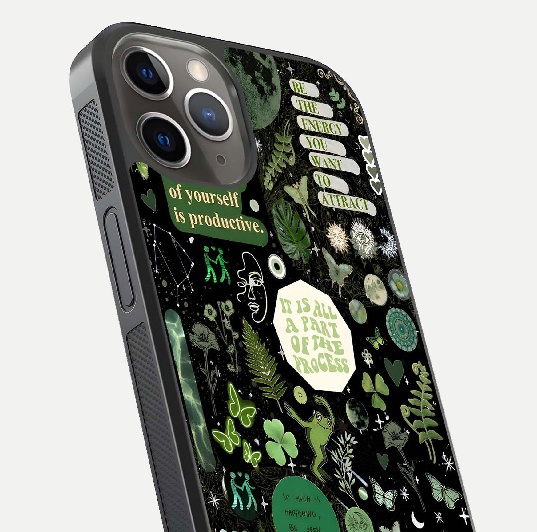 Green Moon Energy Glass Case for iPhone 13 Pro close-up angled shot showing glowing lunar detail and reflection shine