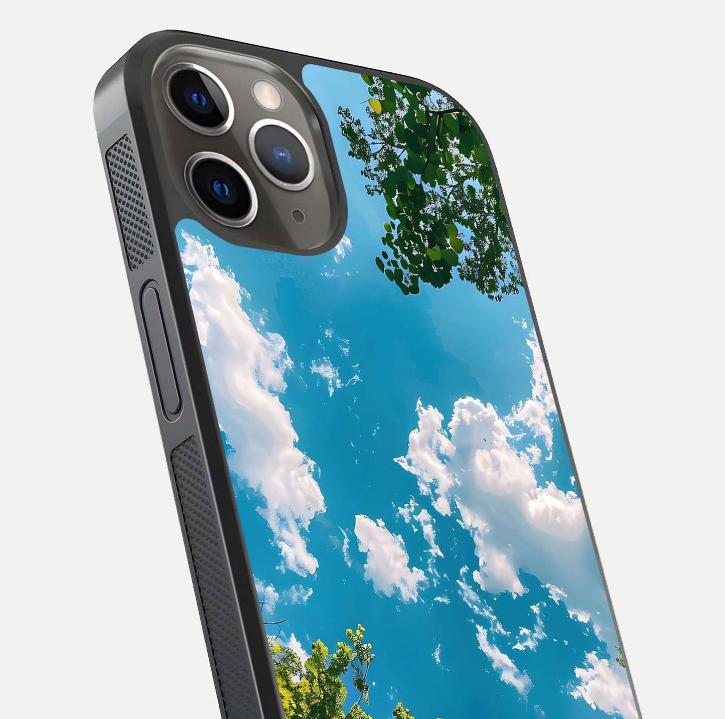 Greenery Sky Glass Case for iPhone 13 Pro close-up angled shot showing leafy tones and reflection brightness