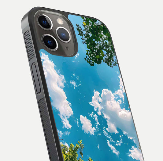Greenery Sky Glass Case for iPhone 13 Pro close-up angled shot showing leafy tones and reflection brightness
