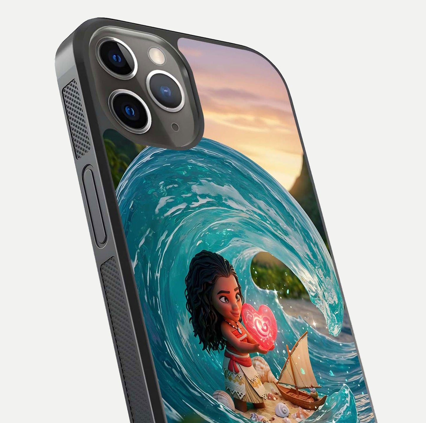 Heart of Ocean Glass Case for iPhone 13 Pro close-up angled shot showing blue tones and reflection shine
