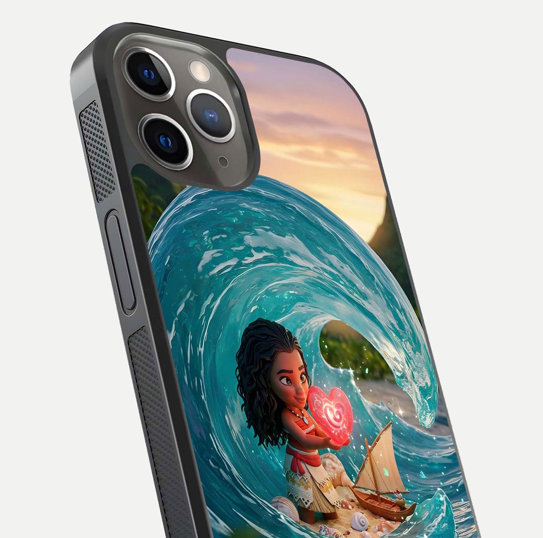 Heart of Ocean Glass Case for iPhone 13 Pro close-up angled shot showing blue tones and reflection shine